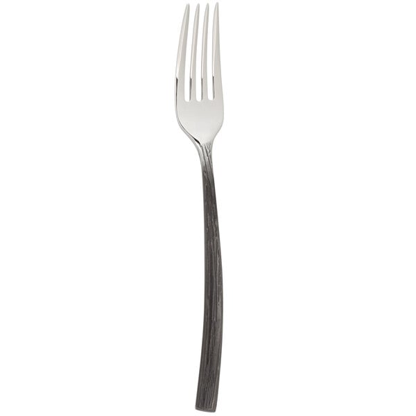 A silver fork with a black wooden handle.