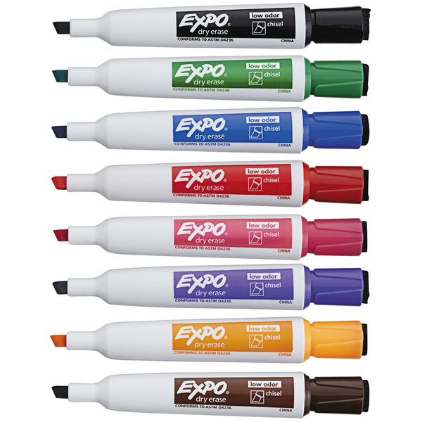 A pack of Expo chisel tip dry erase markers in assorted colors.