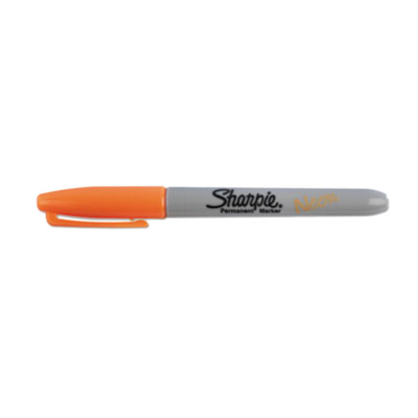 The black tip of a Sharpie permanent marker with neon orange packaging.