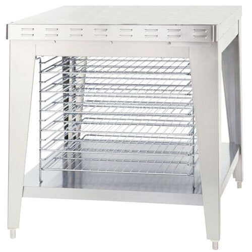 A stainless steel stationary stand with cooling racks and bullet feet.