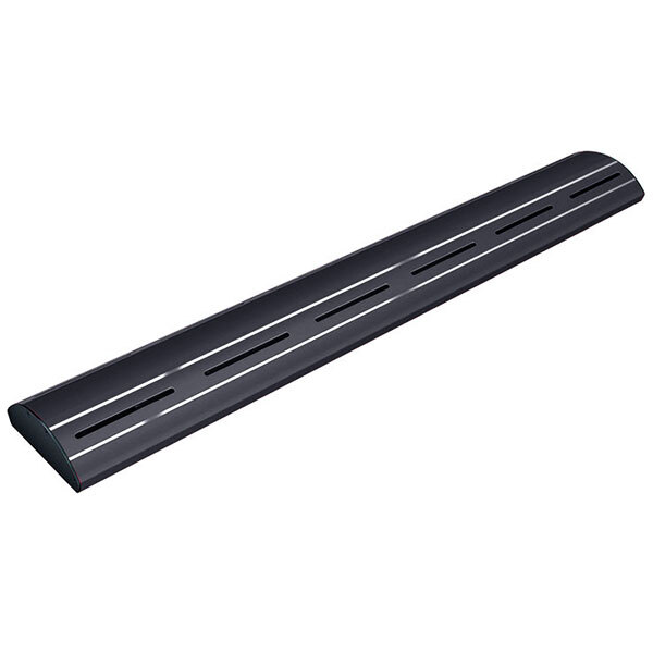 A black rectangular plastic strip with two holes.