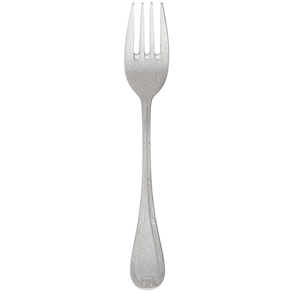 A silver Chef & Sommelier salad fork with a black top on a white background.