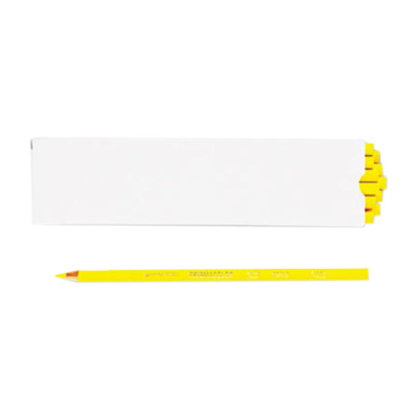 A Prismacolor Canary Yellow colored pencil in a white box.