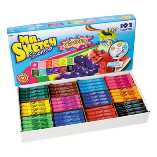 A box of Mr. Sketch markers with colorful product.