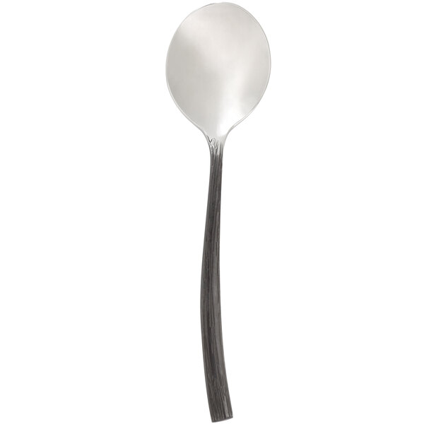 A Chef & Sommelier stainless steel soup spoon with a black oak handle.