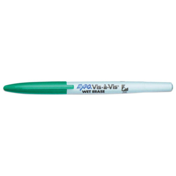 A close-up of a green Expo Vis-a-Vis marker with a green tip.