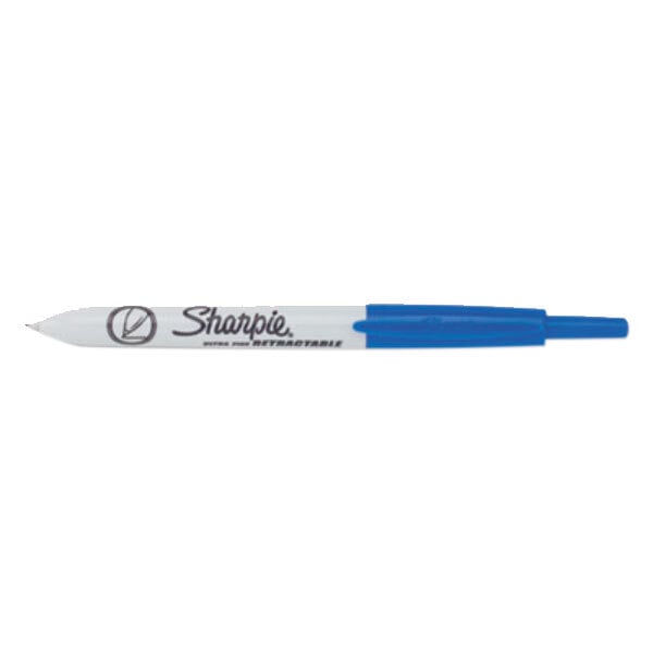 A blue Sharpie pen with white and blue lettering on the cap.