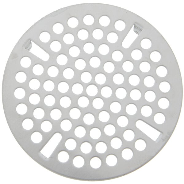A circular metal T&S flat strainer with holes.
