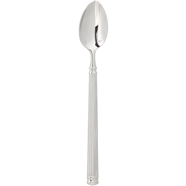 A silver iced tea spoon with a fluted handle.