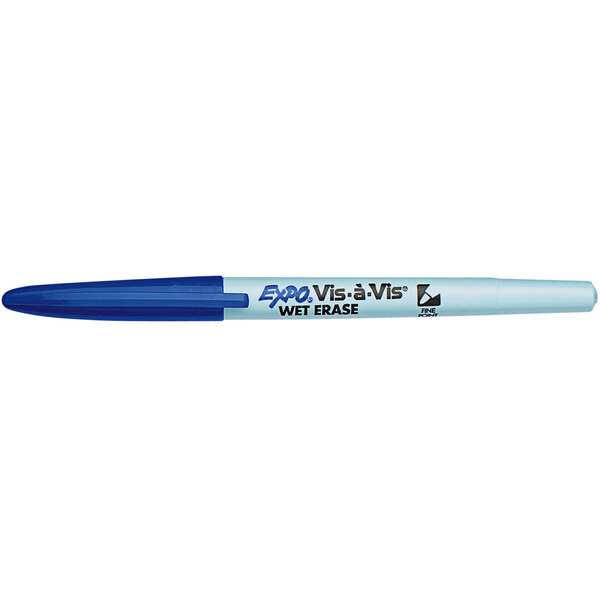 A close-up of a blue Expo Vis-a-Vis marker with a white tip.