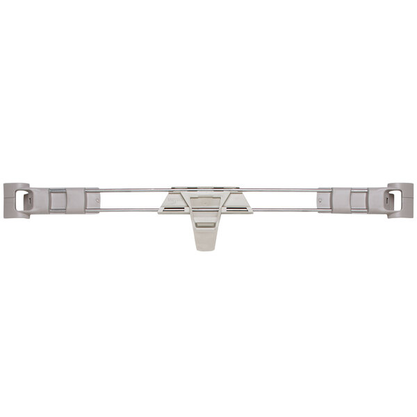 A white plastic MetroMax i shelf ledge with a silver metal bar.