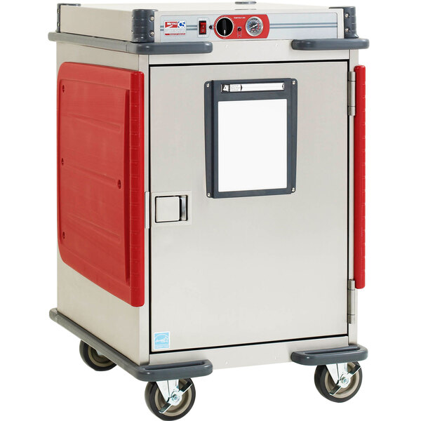 A white and red Metro C5 half size heated holding cabinet with wheels.
