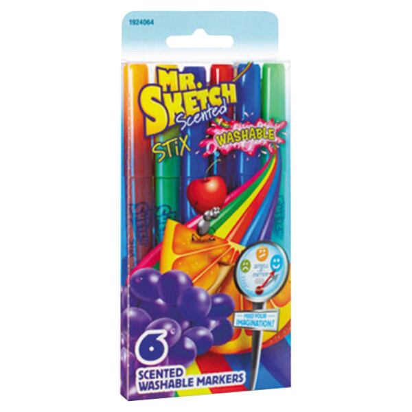 A box of Mr. Sketch Washable Markers with six colorful markers inside.