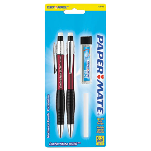 A package of two Paper Mate ComfortMate Ultra mechanical pencils with assorted barrel colors.