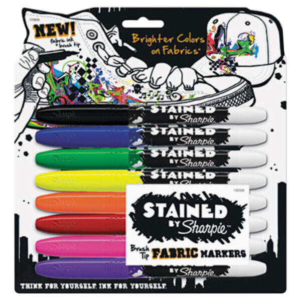 A package of 8 Sharpie Stained Fabric Markers with brush tips.