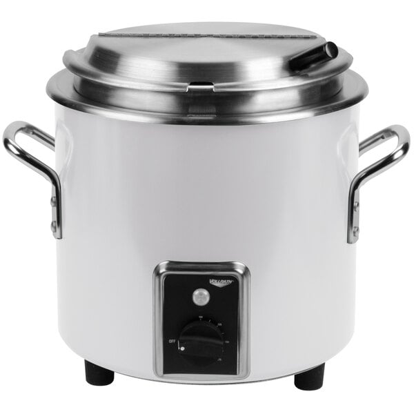 A white Vollrath retro stock pot with a lid.
