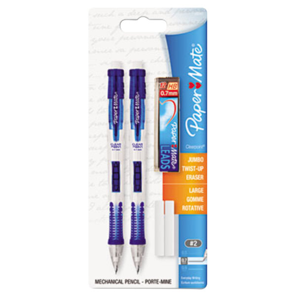 A Paper Mate Clear Point mechanical pencil package with two blue and orange pencils inside.