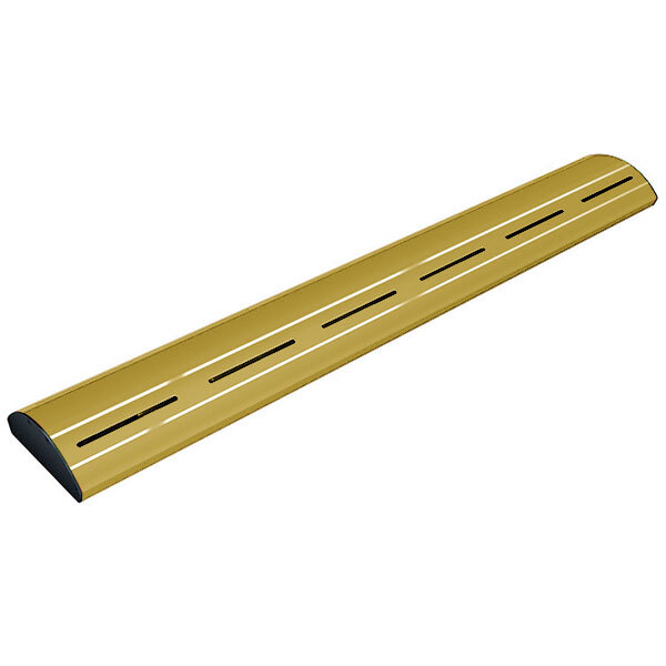 A long yellow metal beam with a gleaming gold metal strip and LED lights.