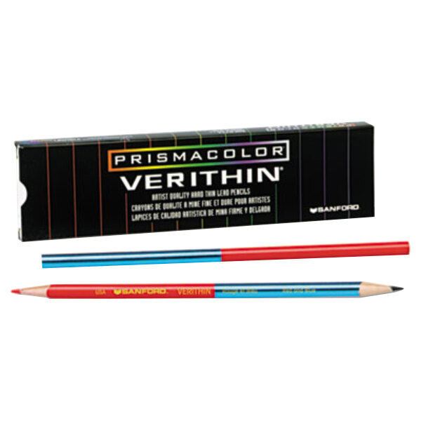 A black and white box of Prismacolor Verithin colored pencils with red and blue barrels.