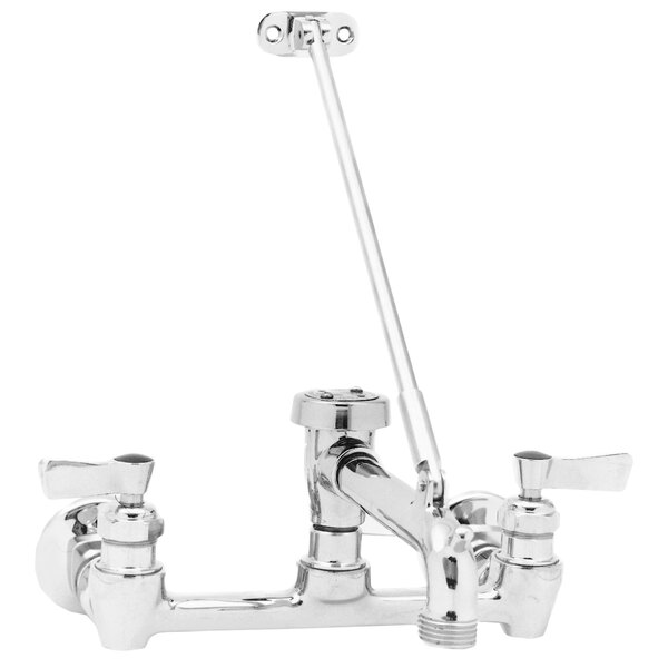 A Fisher wall mounted mop sink faucet with two lever handles and a sprayer.