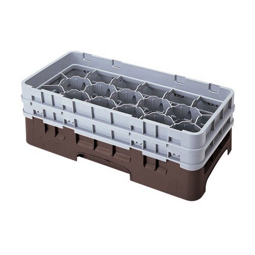 A brown plastic Cambro glass rack with 17 compartments and 6 extenders.