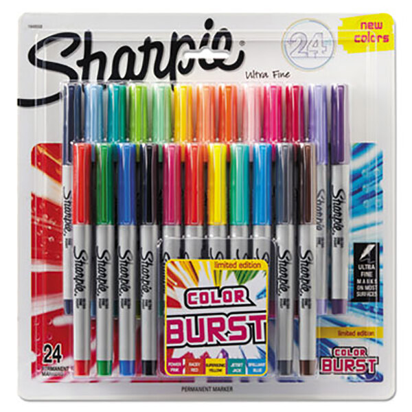 A red and white box of Sharpie Color Burst markers.