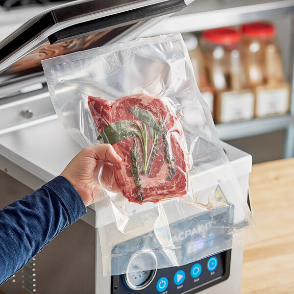 A hand holding a piece of meat in a VacPak-It vacuum packaging pouch.