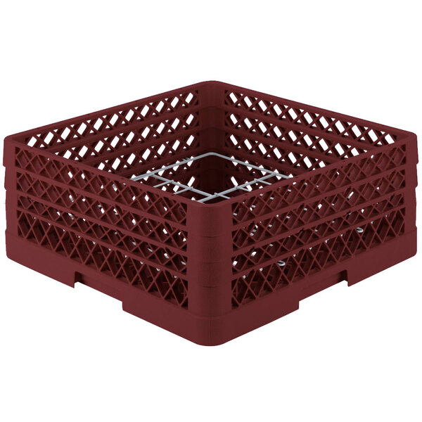A burgundy plastic rack with metal grates for plates.