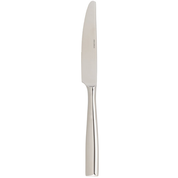 An Arcoroc stainless steel dinner knife with a silver handle.