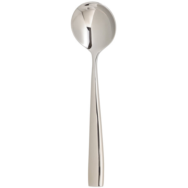 An Arcoroc stainless steel soup spoon with a long handle.