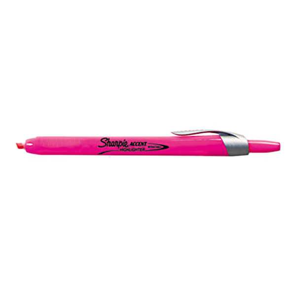 A Sharpie pink highlighter pen with silver writing on it.