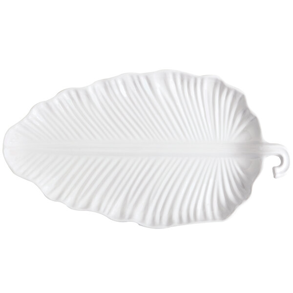 A white leaf shaped melamine platter.