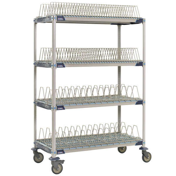 A MetroMax metal rack shelf kit with wire racks on wheels.