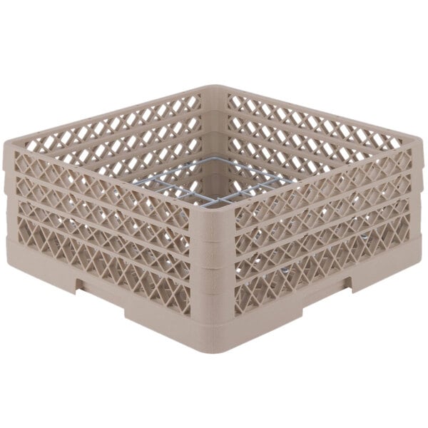 A beige plastic Vollrath Plate Crate with a metal grate.