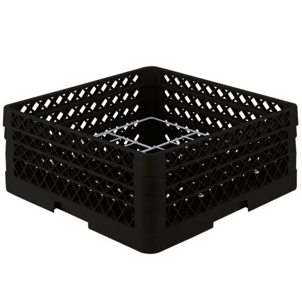 A black plastic Vollrath Traex plate rack with a metal grate.