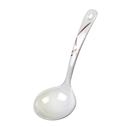 A white Thunder Group soup ladle with a brown Longevity bamboo handle.
