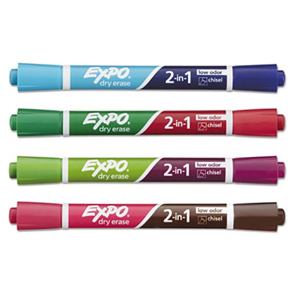 A pack of Expo 2-in-1 dry erase markers with red, green, and blue writing on them.
