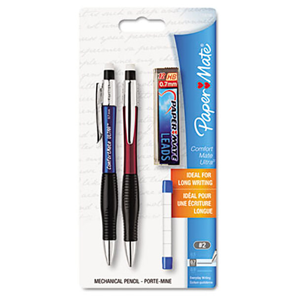 A package of two Paper Mate ComfortMate Ultra mechanical pencils with assorted barrel colors and blue labels.