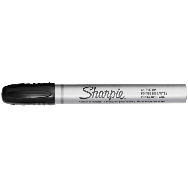 The silver Sharpie Pro logo on a black Sharpie Pro Chisel Tip Permanent Marker.