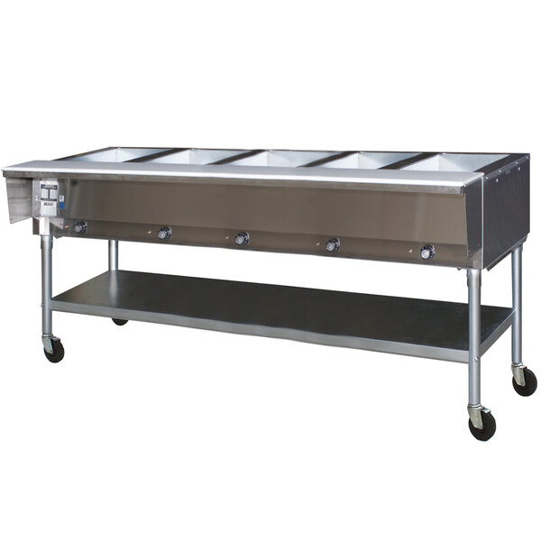 An Eagle Group PDHT5 portable stainless steel hot food table with five open wells on a counter.