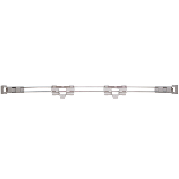A white MetroMax 4 metal wire shelf ledge with clips on the ends.