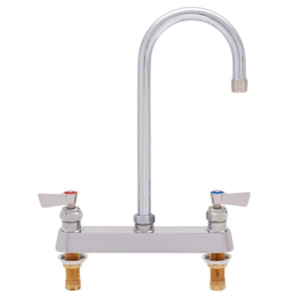 A silver Fisher deck mounted medical faucet with lever handles.