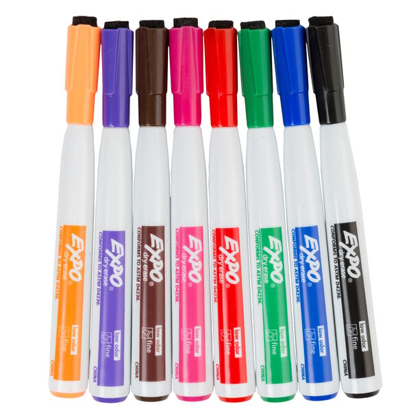 A group of Expo fine point magnetic dry erase markers with different colors.