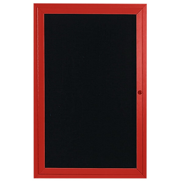 A red enclosed bulletin board with a black letter board.