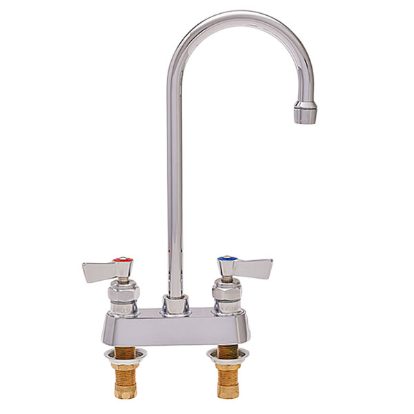 A silver Fisher deck mounted medical faucet with lever handles.