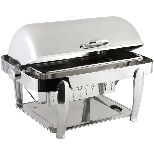 A Bon Chef stainless steel roll top chafer with a vented lid on a tray.