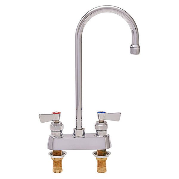 A silver Fisher deck-mounted faucet with lever handles.