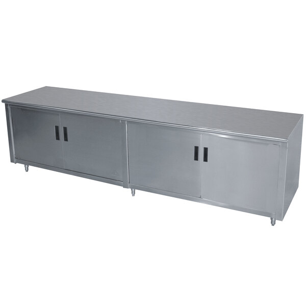 A long stainless steel cabinet with an enclosed base and hinged doors.
