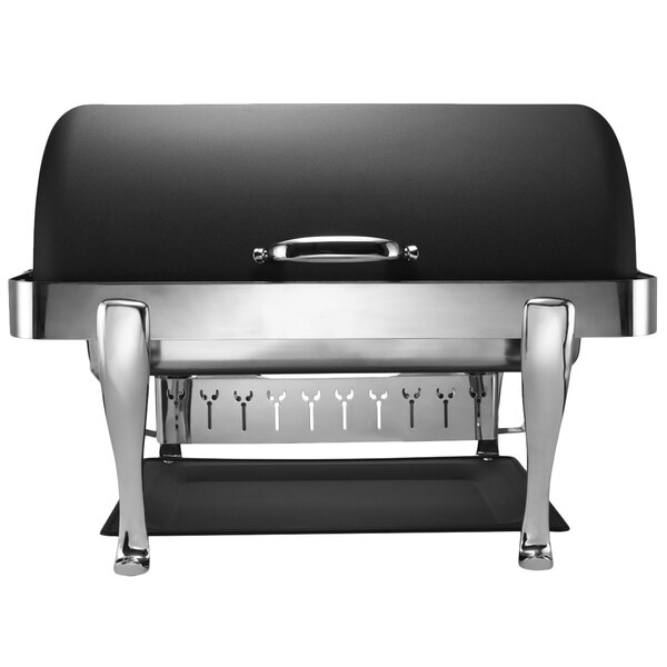 A black and silver rectangular Bon Chef chafing dish with a lid.