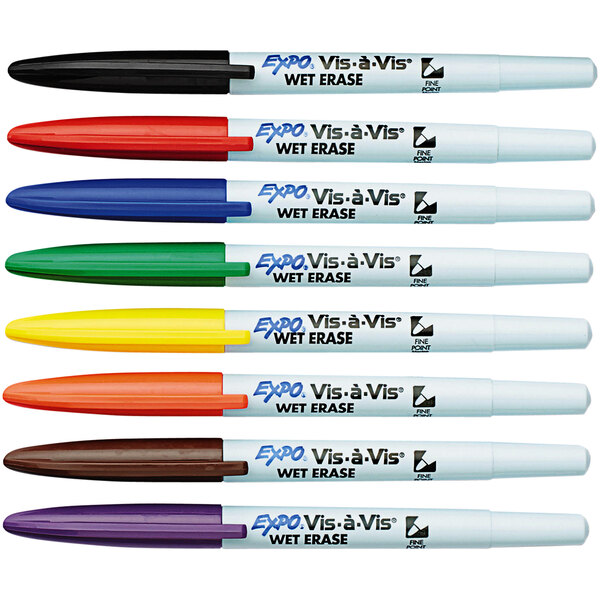 A group of Expo Vis-a-Vis wet erase markers in different colors.